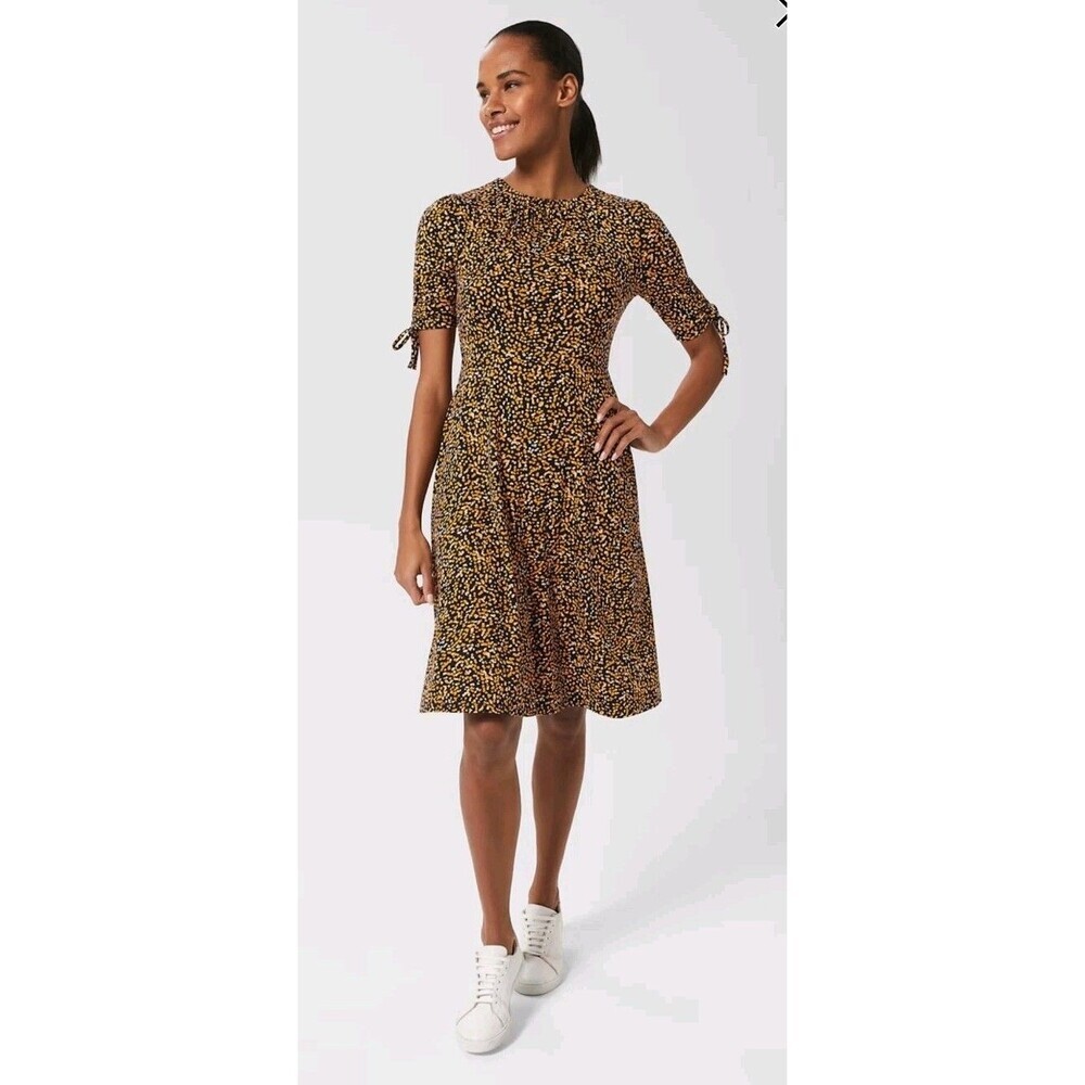 Hobbs Long Midi Samantha Dress Half Sleeve Full Pattern UK14 US M Orange Navy